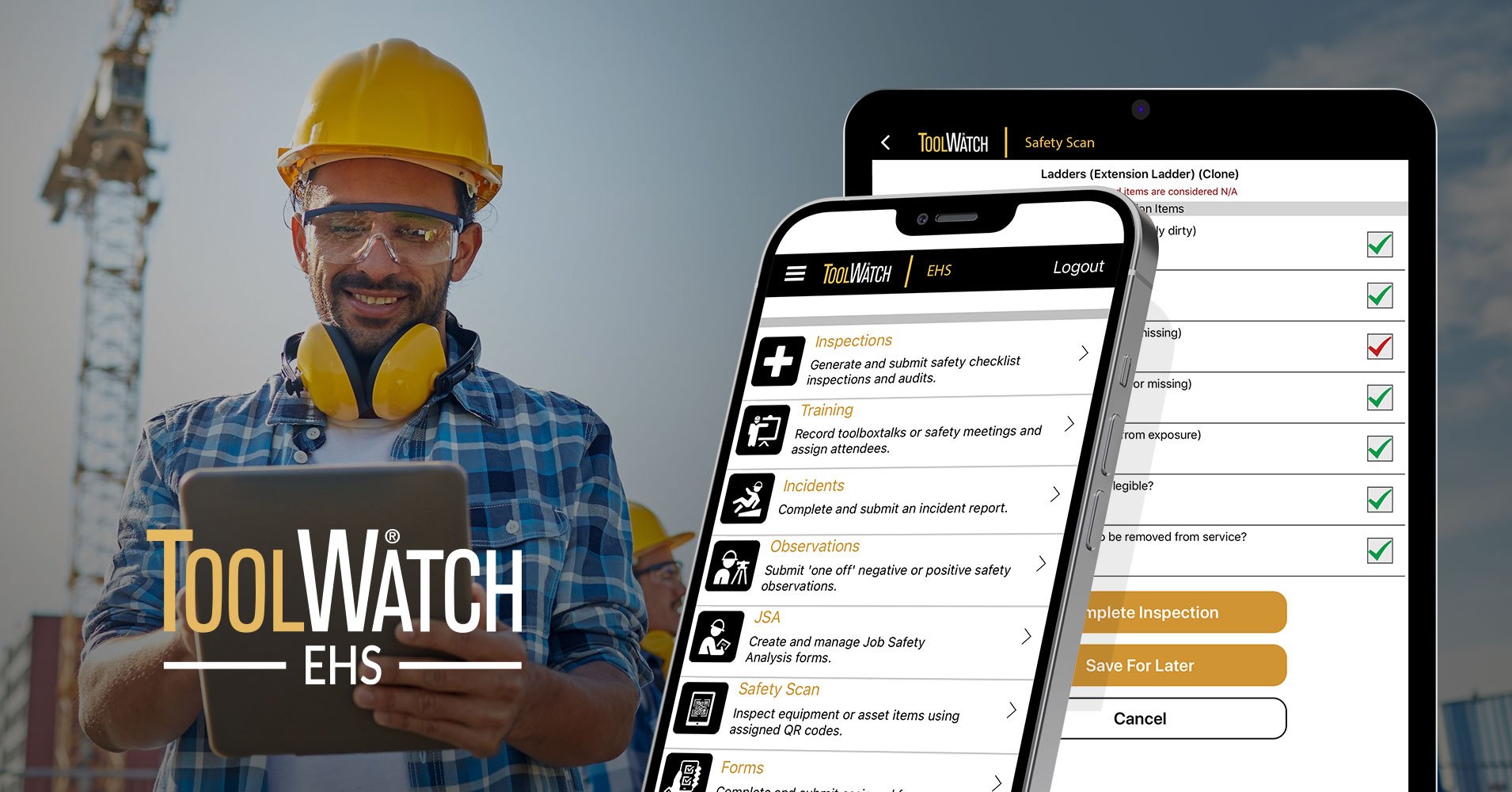 Construction worker looking at iPad with ToolWatch EHS logo and platform graphics